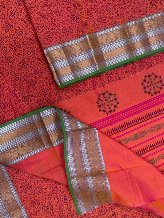 Kanchi soft cotton | block print x Zari woven border | orange X green