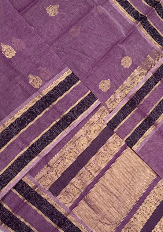 Pure Handloom Kanchi rich Cotton Saree | rettaipet thread border X  thaer | lavendar X gold | intricate rich zari woven Pallu