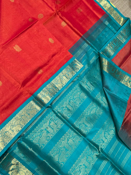 Kanchi Silk Cotton Sarees | silk cotton | orange X teal