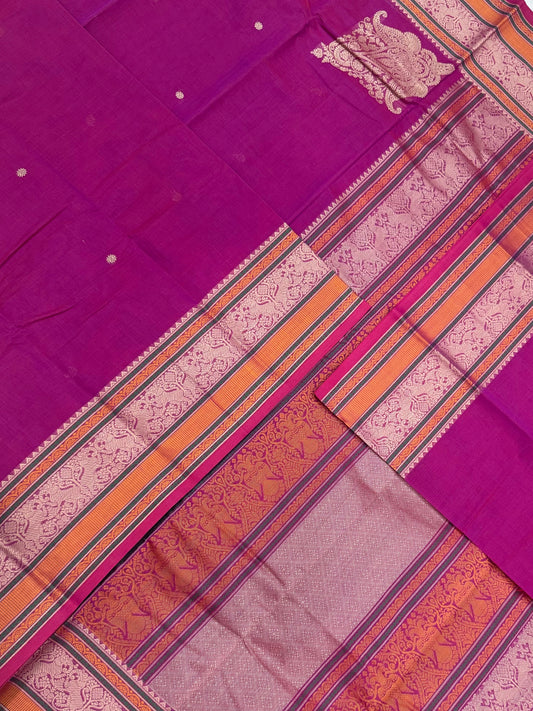 Pure Handloom Kanchi rich Cotton Saree | thread border X  corner butta| Rani pink X orange | intricate thread woven Pallu