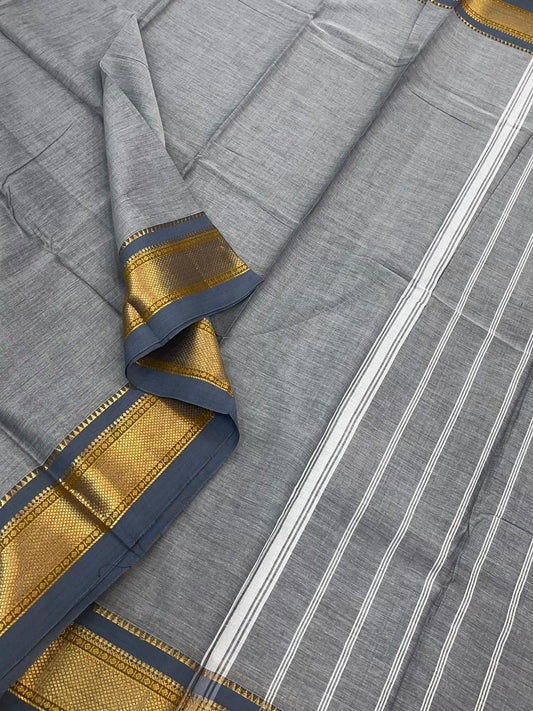 Kanchi mercerised soft cotton |rich zari border | pastel grey x grey | MC10