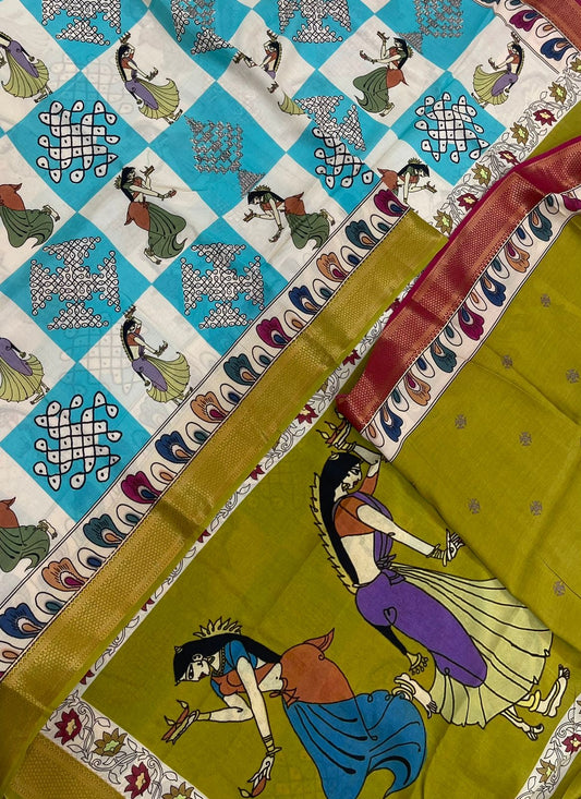 Ponduru soft Chanderi silk | storytelling saree x kolam x nizam border| sky blue x earth green | NKV27
