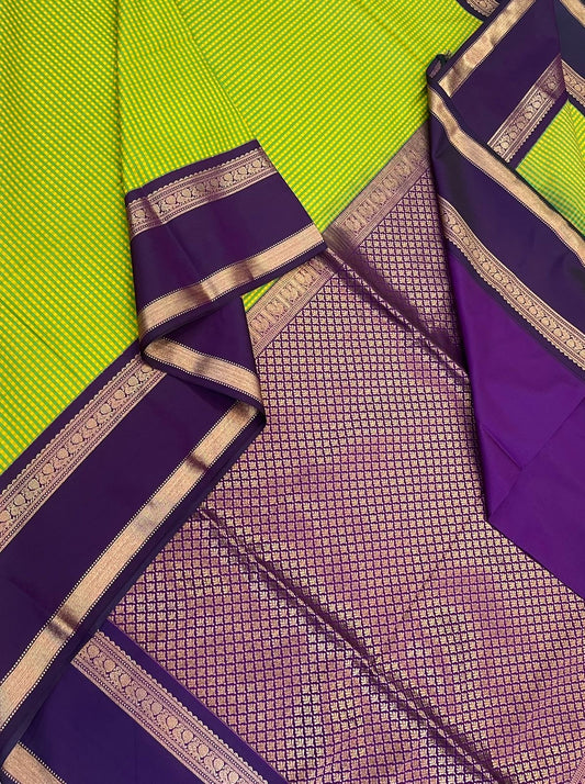 Vegan Silk Sarees Online | green x Violet| kasa kasa kattam x rettaipet border