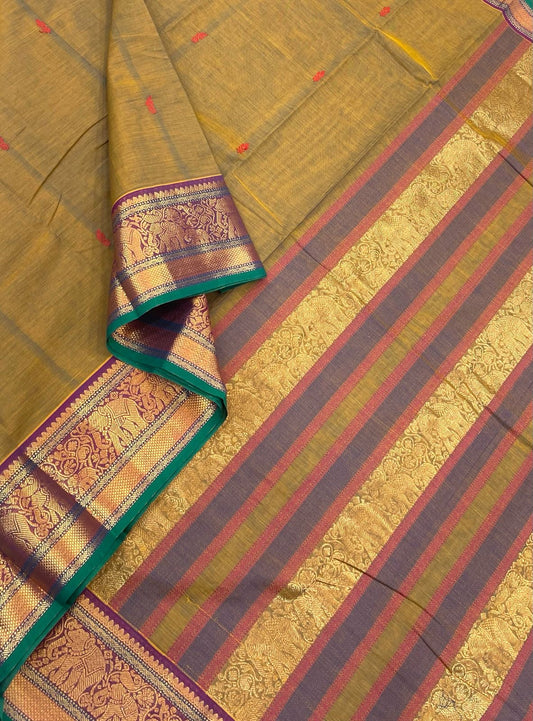 Kanchi soft cotton | mustard x rich pallu | kanchipuram zari border