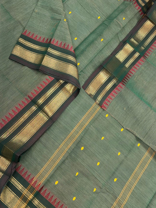 Pastel kanchi soft cotton | earth greenish | zari border