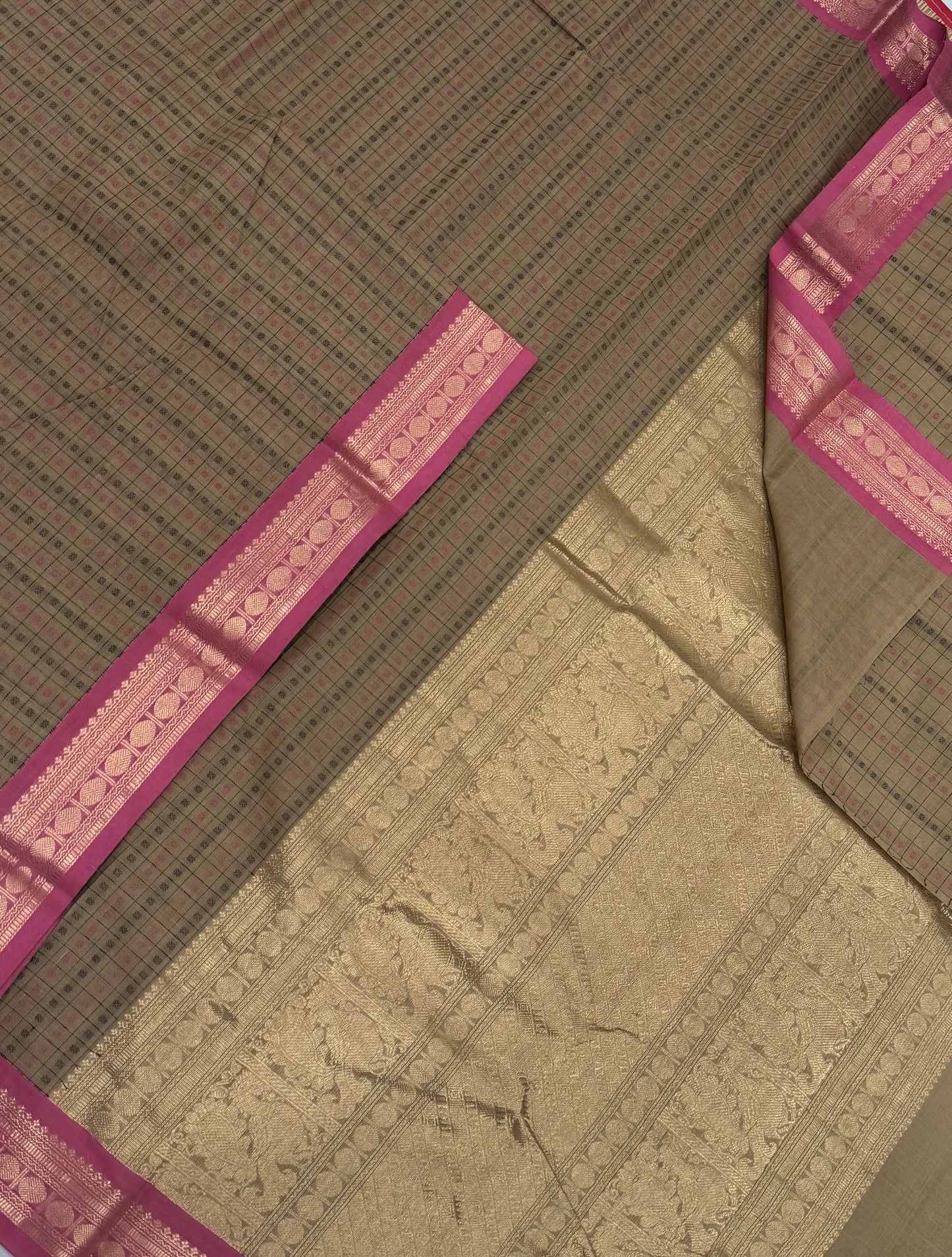 Pure Handloom Kanchi rich Cotton Saree | tiny Zari border X 1000 butta | pastel beige X  pastel pink  | rich Zari Pallu
