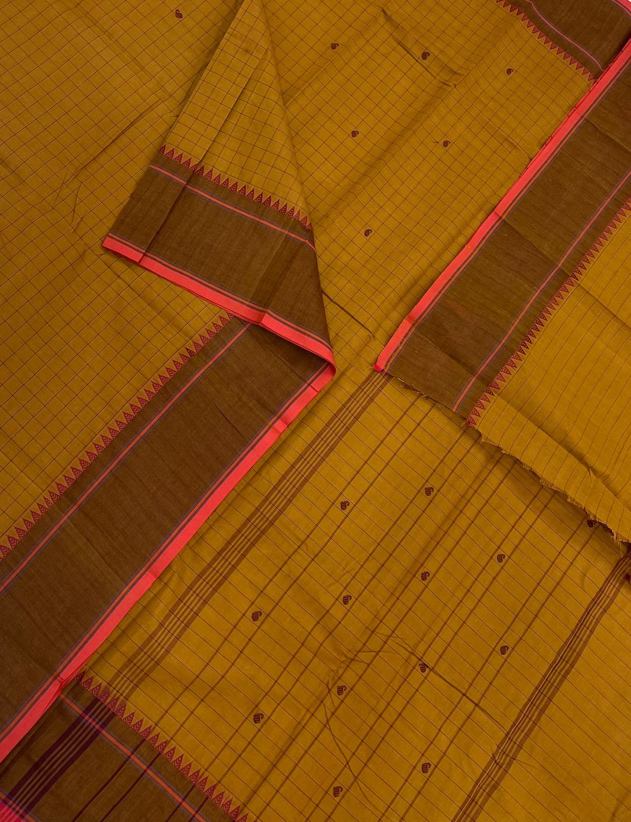Kanchi soft cotton | kattam X thread woven | thread border | mustard X brown X orange