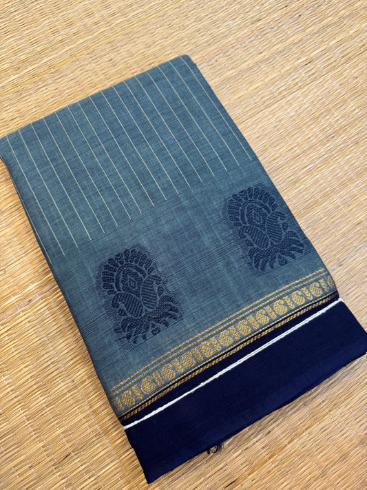 Kanchi soft cotton | cement blue x navy  | kattam x tiny zari  border
