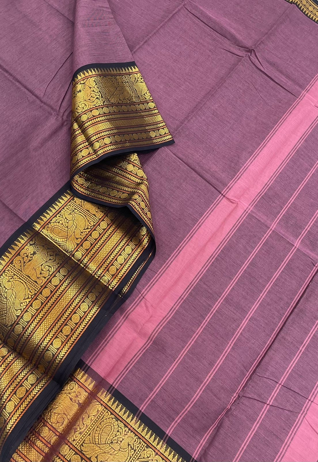 Kanchi soft cotton | pinkish violet x dark brown | yhazli Zari border