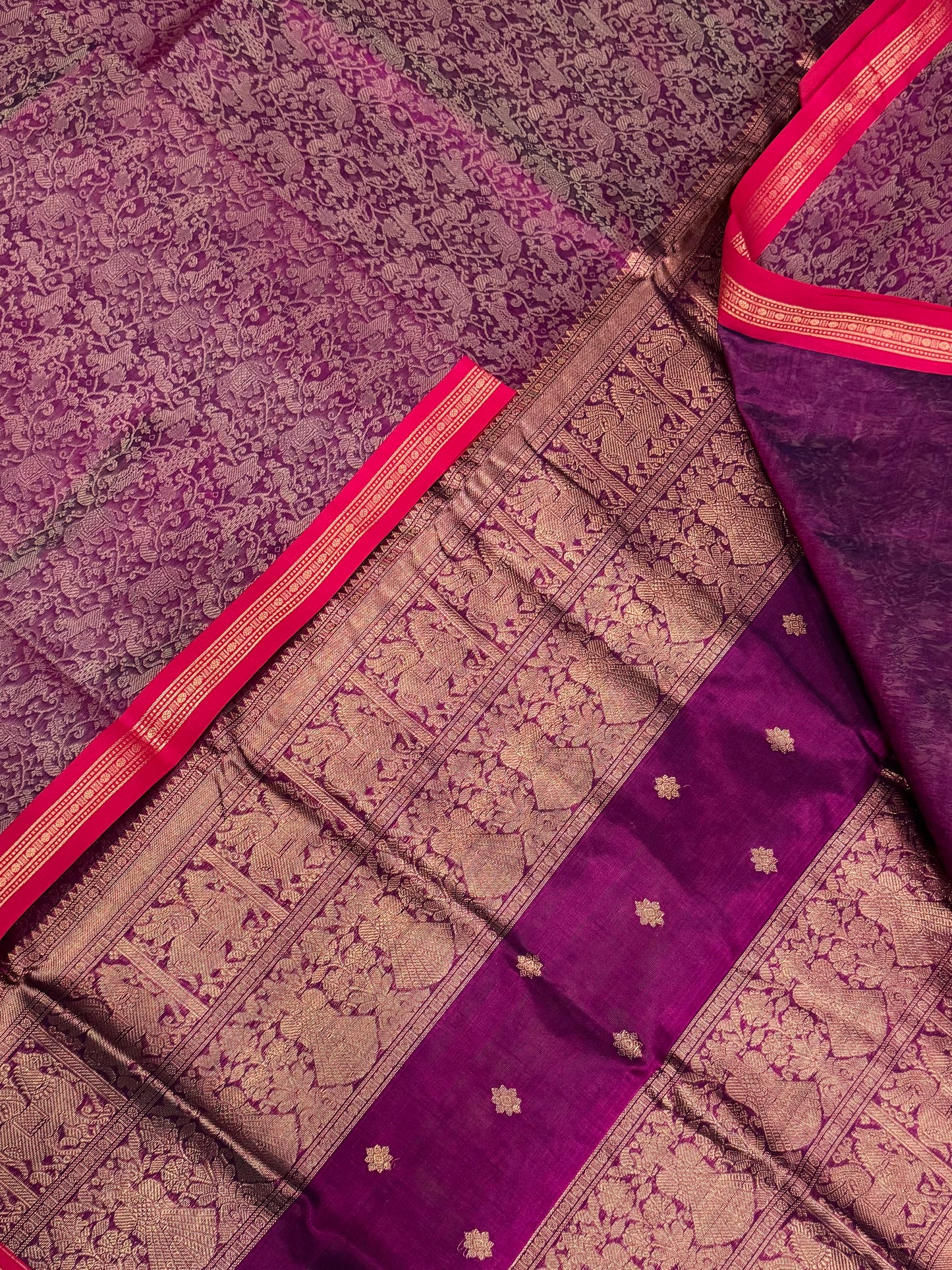 Kanchi Silk Cotton Sarees | tiny zari border x vanasingaram  | burgundy X pink