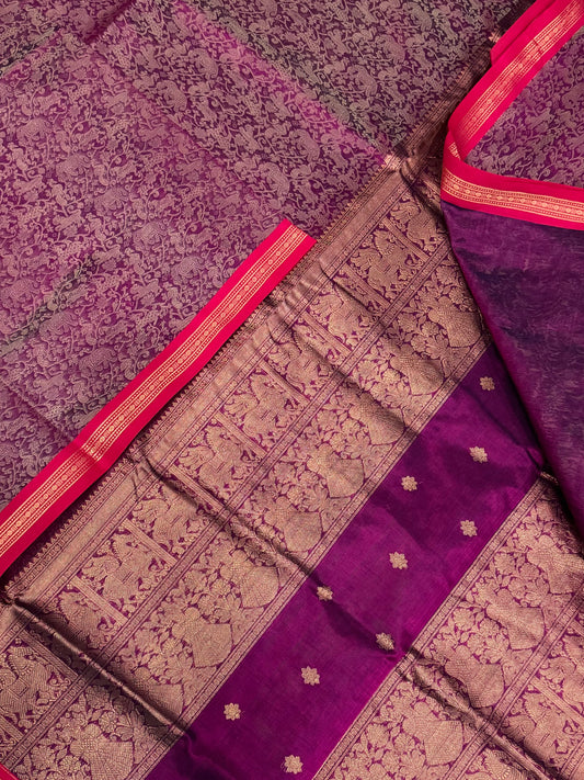 Kanchi Silk Cotton Sarees | tiny zari border x vanasingaram  | burgundy X pink