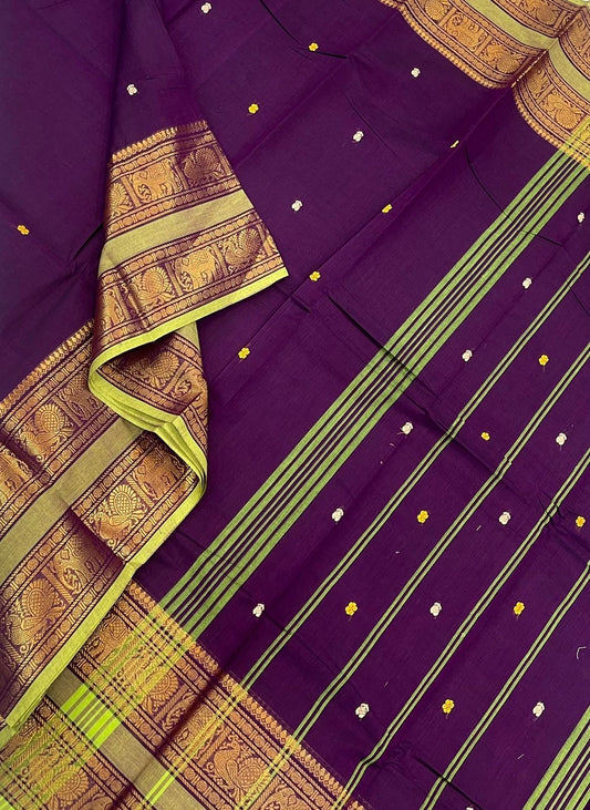 Kanchi soft cotton | violet x green | rettaipet Zari border