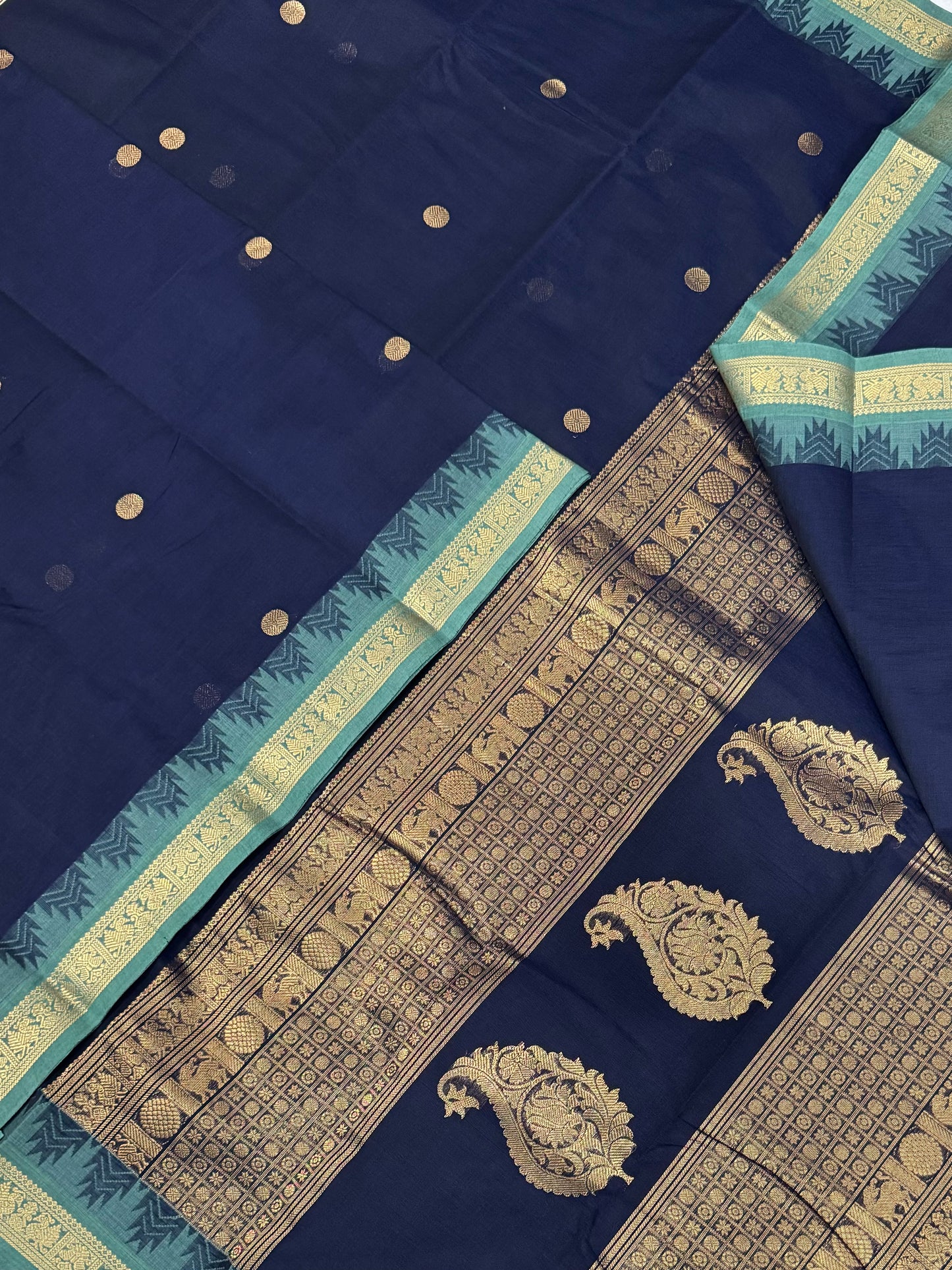 Pure Handloom Kanchi rich Cotton Saree | navy blue X teal blue | tiny border