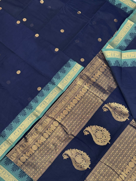 Pure Handloom Kanchi rich Cotton Saree | navy blue X teal blue | tiny border