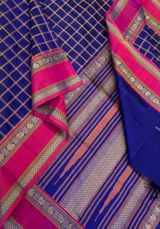 Kanchi Silk Cotton Sarees | silk cotton | thread woven neli kattam X rettaipet border |  royal blue X pink