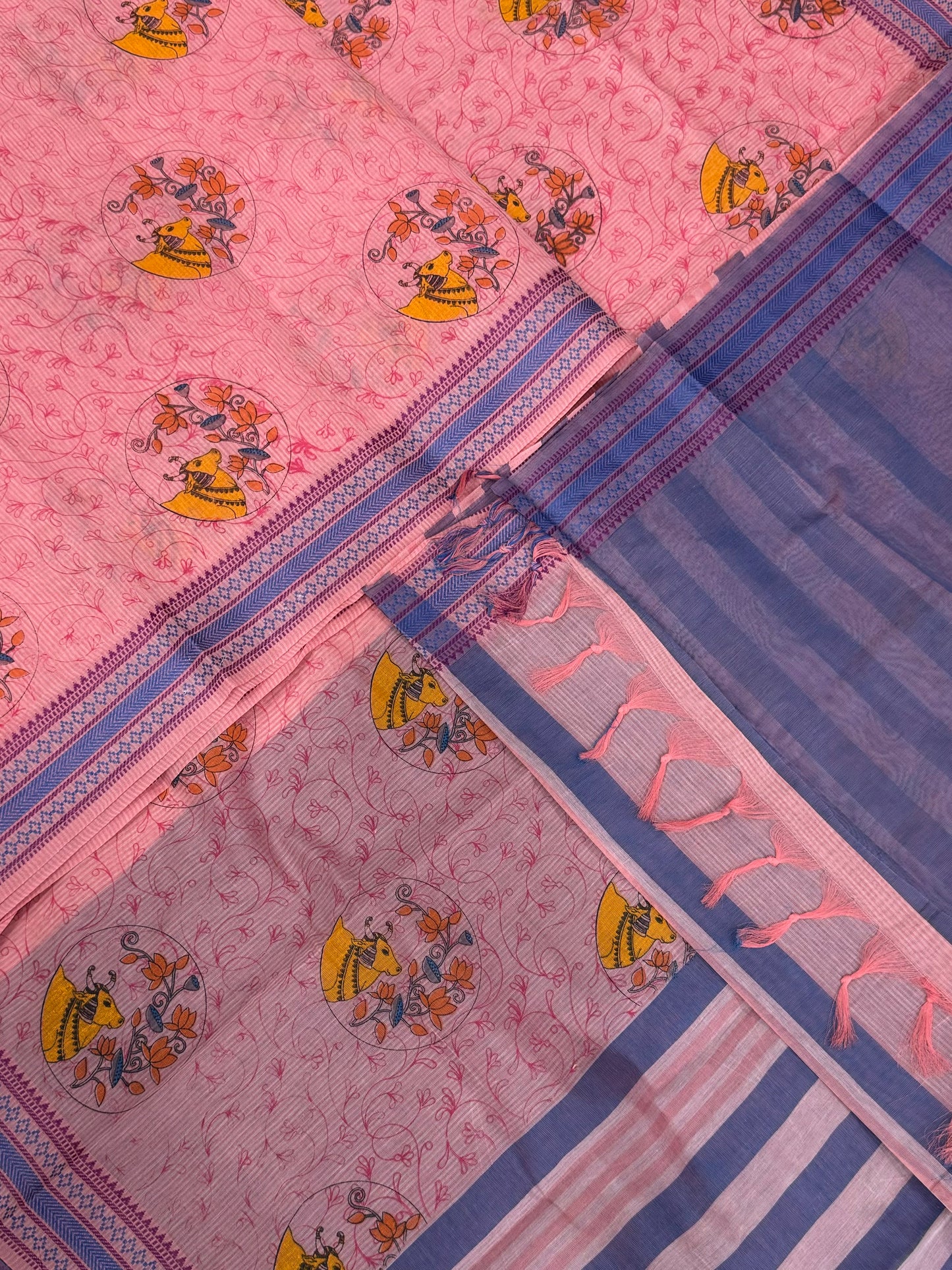 Kadhi soft Cotton | peach pink X blue | thread border X pichwai