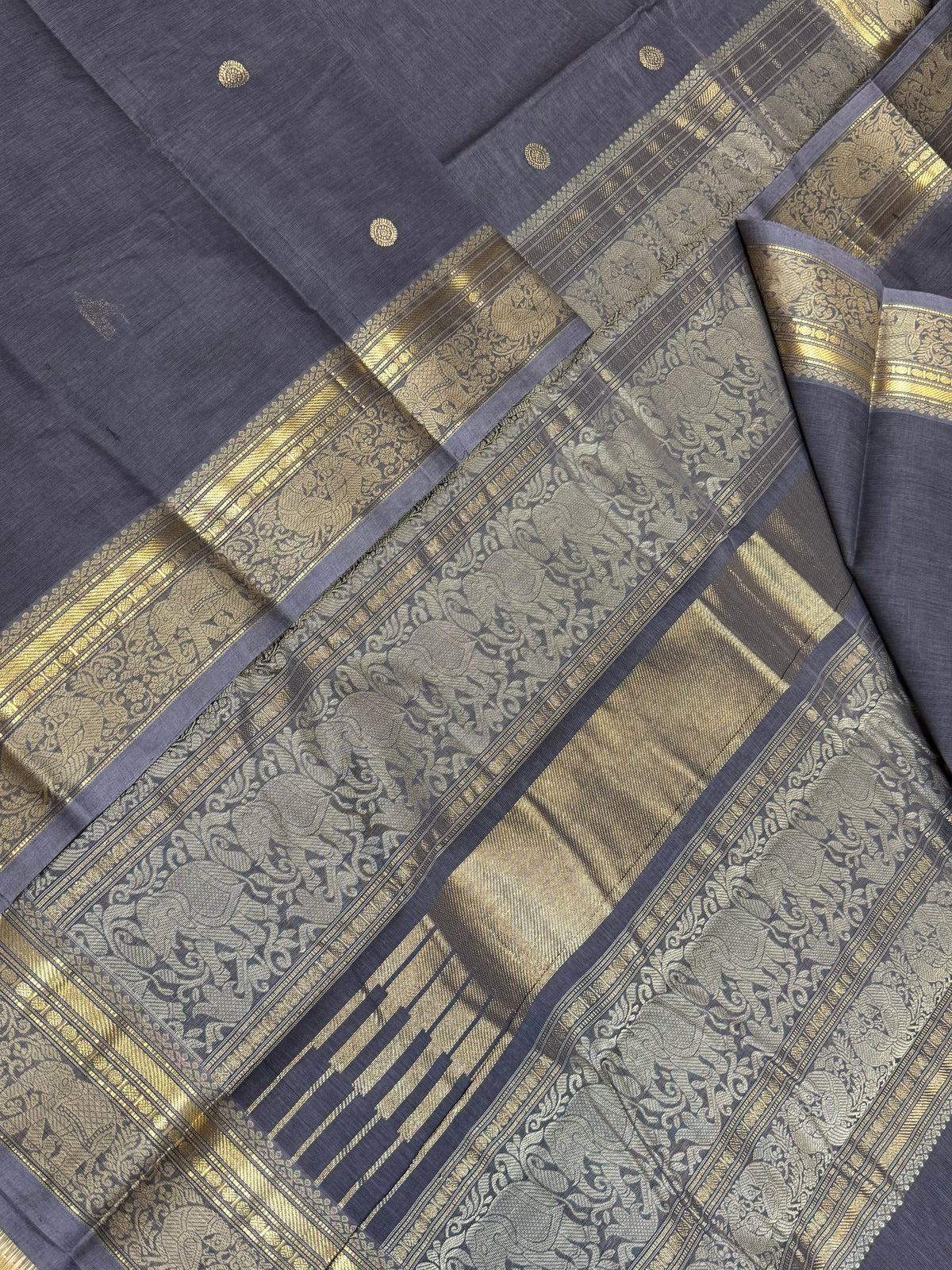 Pure Handloom Kanchi rich Cotton Saree | rich thread woven border x tiny butta |  grey x beige