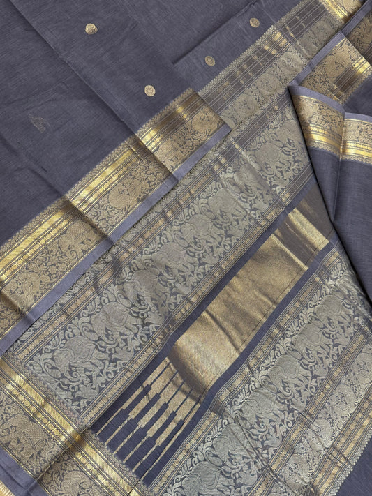 Pure Handloom Kanchi rich Cotton Saree | rich thread woven border x tiny butta |  grey x beige