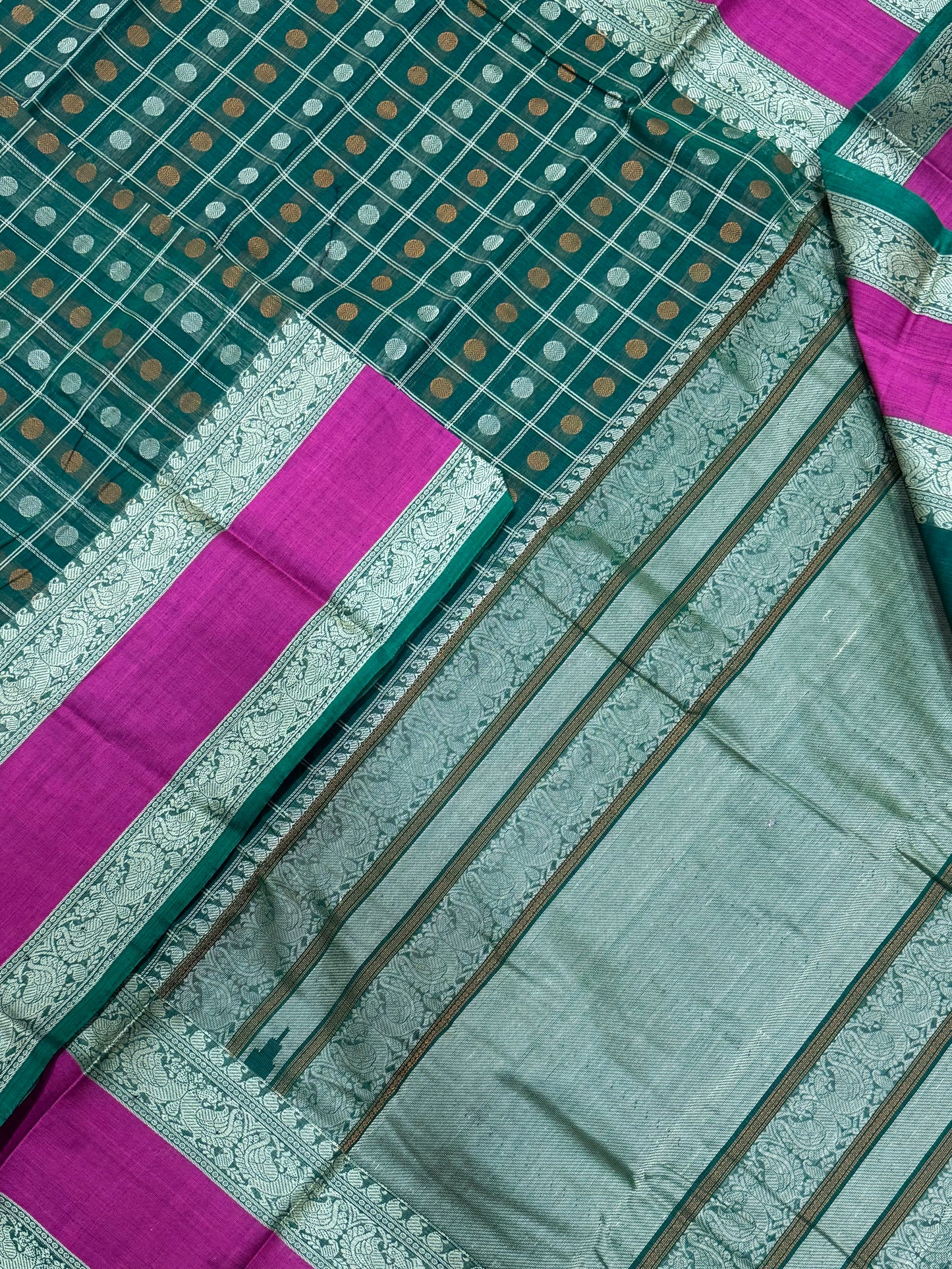 Kanchi handloom rich cotton |1000 BUTTA X thread rettaipet border | green x pink