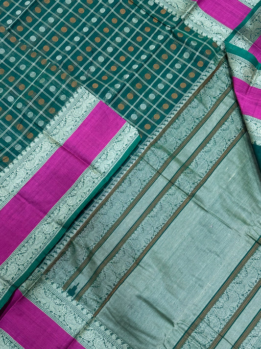Kanchi handloom rich cotton |1000 BUTTA X thread rettaipet border | green x pink