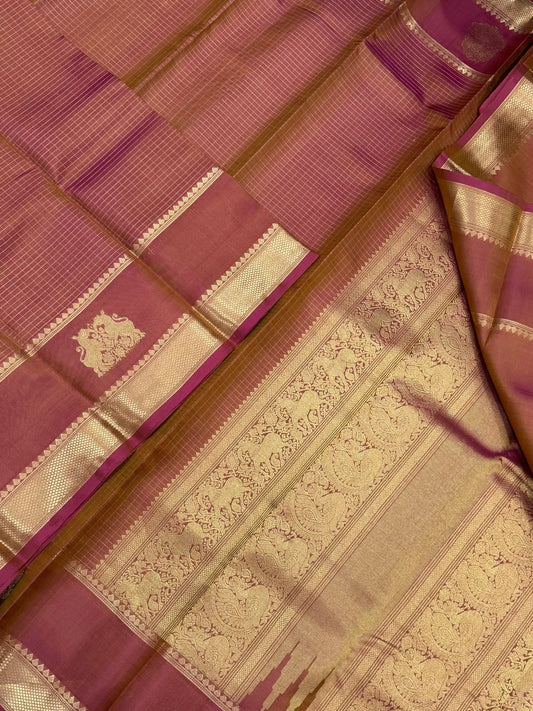 Pure Kanjivarams | twotone pastel peachy pink X gold | muthukattam X rettai yhazli master weave pallu