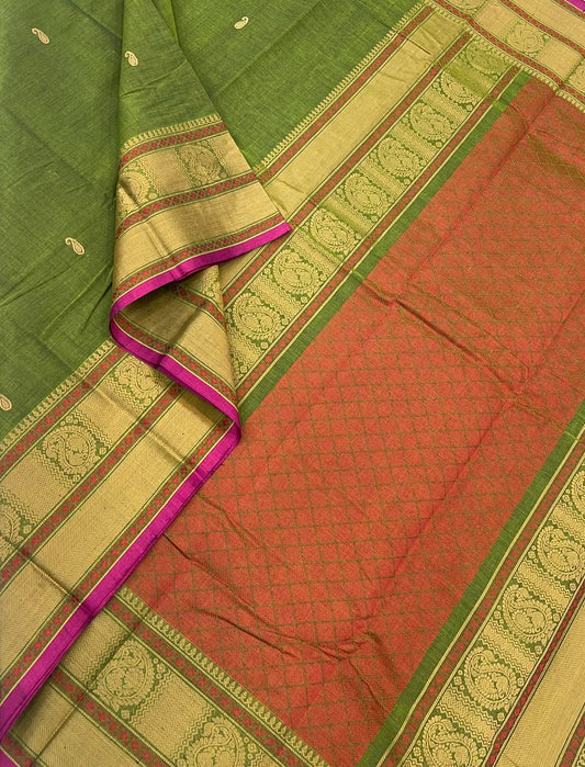 Pure Handloom Kanchi rich Cotton Saree | mango butta x thread border |parrot green x pink