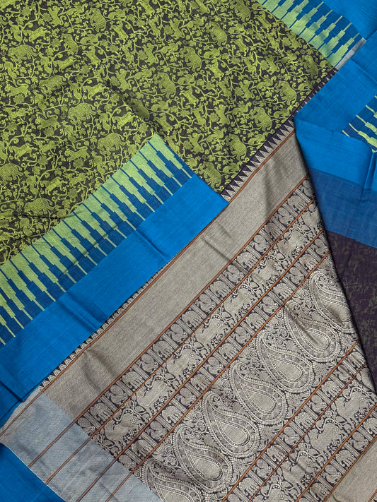 Pure Handloom Kanchi rich Cotton Saree | vanasingaram | green x blue X brown