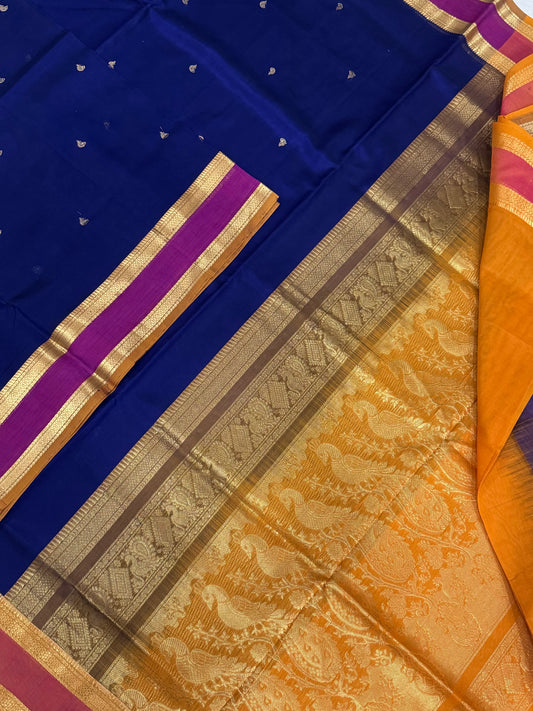 Kanchi Silk Cotton Sarees | rich zari rettaipet border X tiny motif|navy blue X manjal