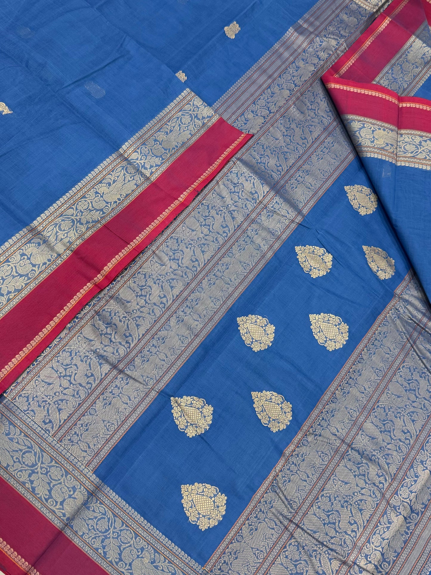Pure Handloom Kanchi rich Cotton Saree | ultra blue X red | only thread border X mayil border