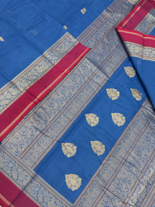 Pure Handloom Kanchi rich Cotton Saree | ultra blue X red | only thread border X mayil border