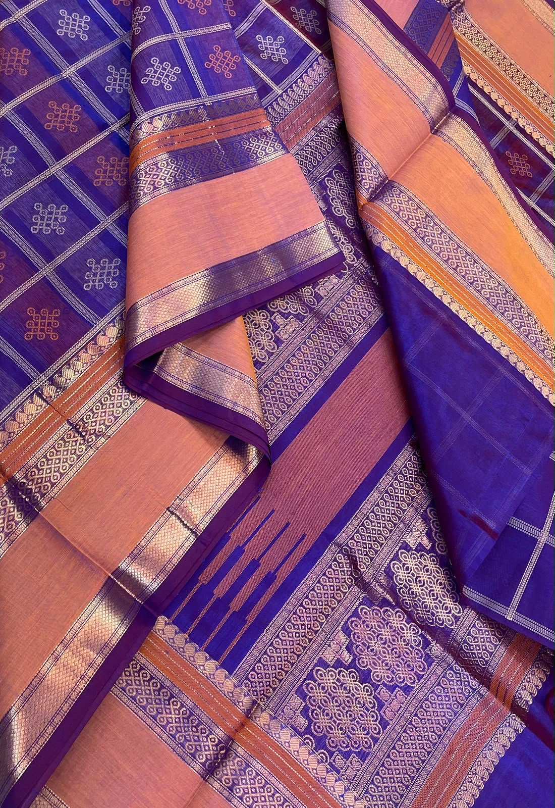 Kanchi Silk Cotton Sarees | 1000 kolam butta  X rich zari pallu X zari rettaipet border | violet X orange