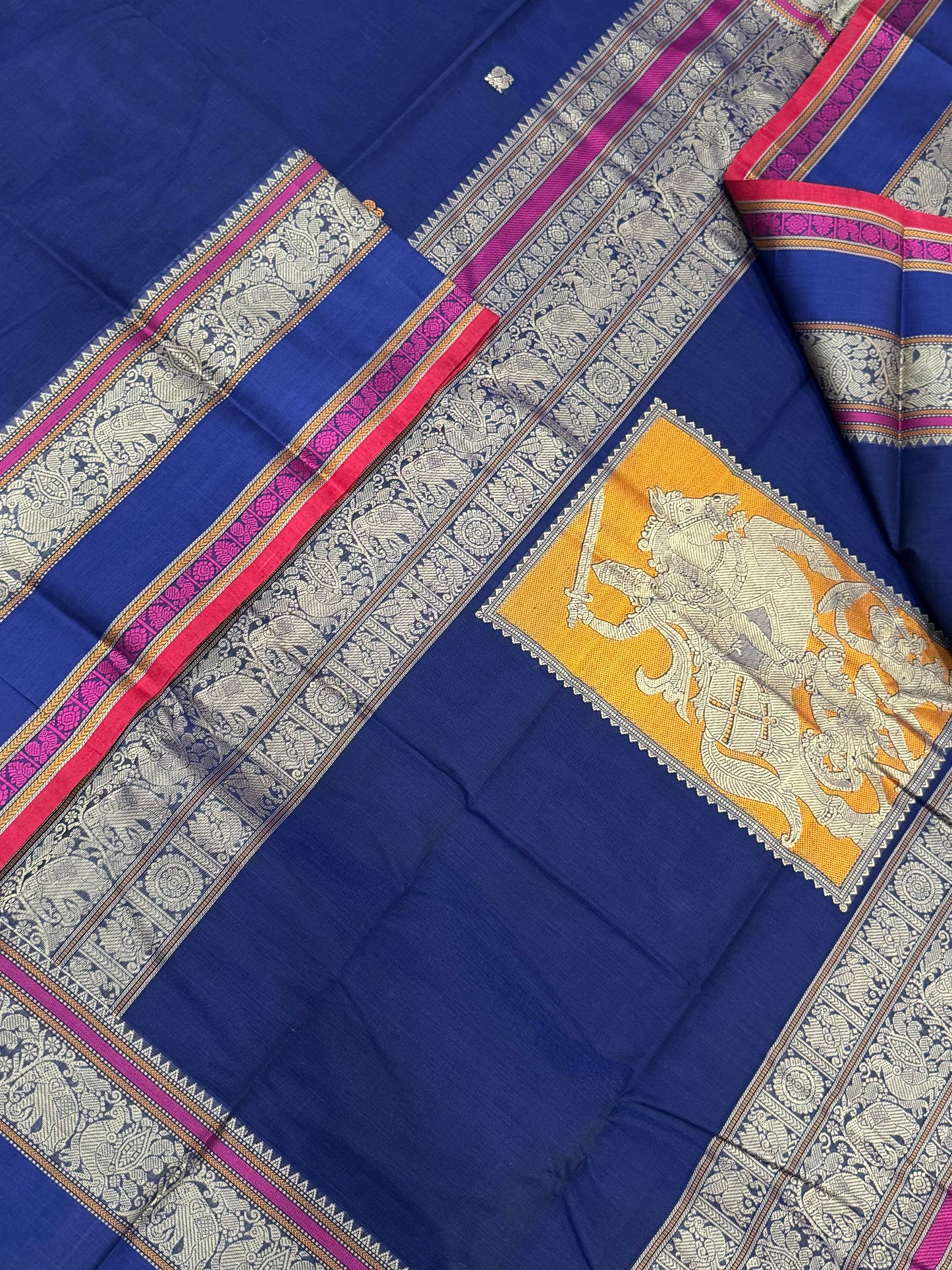 Pure Handloom Kanchi rich Cotton Saree | blue X red | thread border X Veera Shivaji