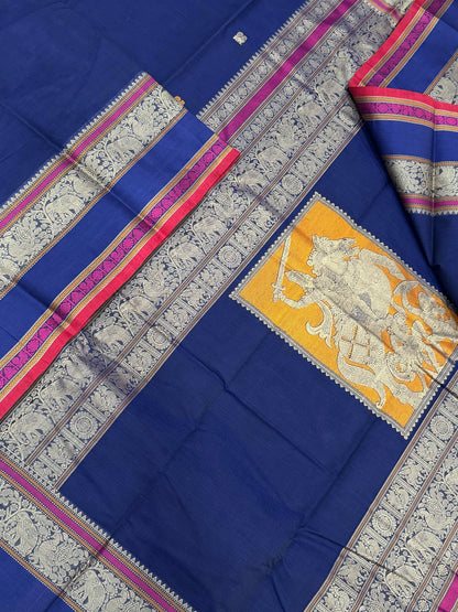 Pure Handloom Kanchi rich Cotton Saree | blue X red | thread border X Veera Shivaji