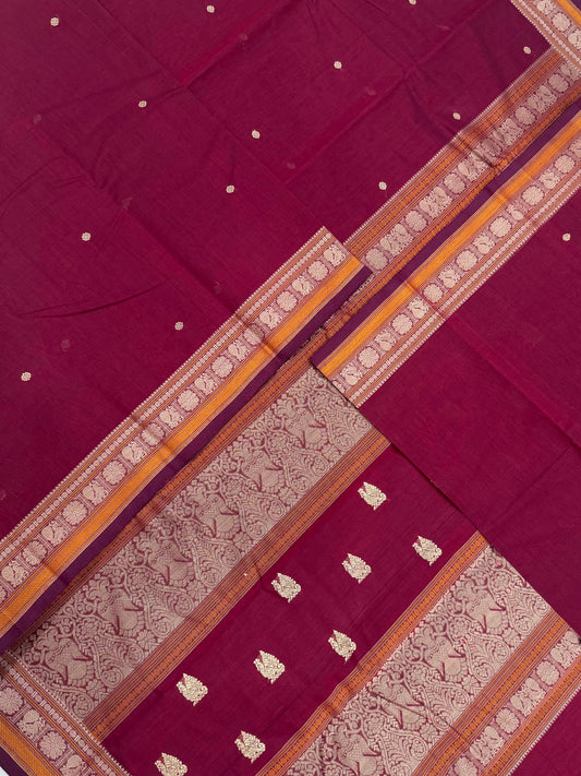 Pure Handloom Kanchi rich Cotton Saree | tiny thread border X  Kamalam butta | marron X mustard | intricate thread woven eruthalapakshi Pallu