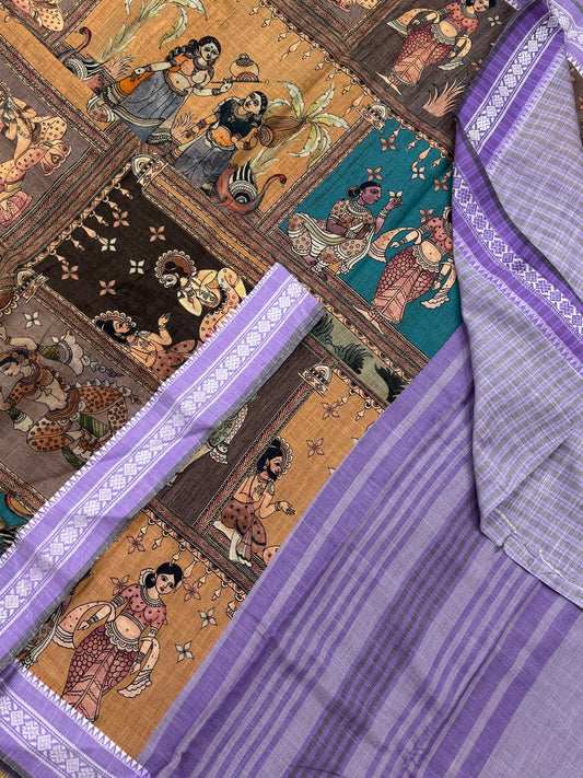 Ponduru feather soft cotton | story telling saree | orange x lavender
