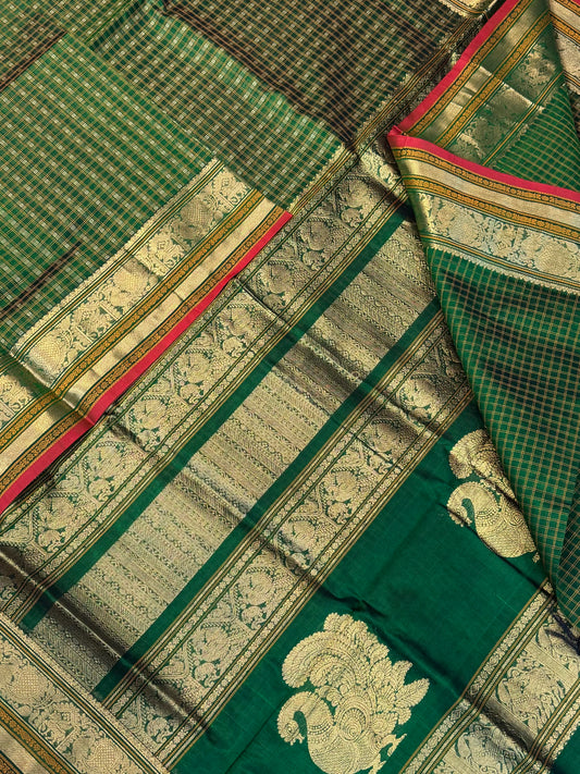 Kanchi Silk Cotton Sarees | 1000 butta  X rich zari pallu X zari border | green X brick red