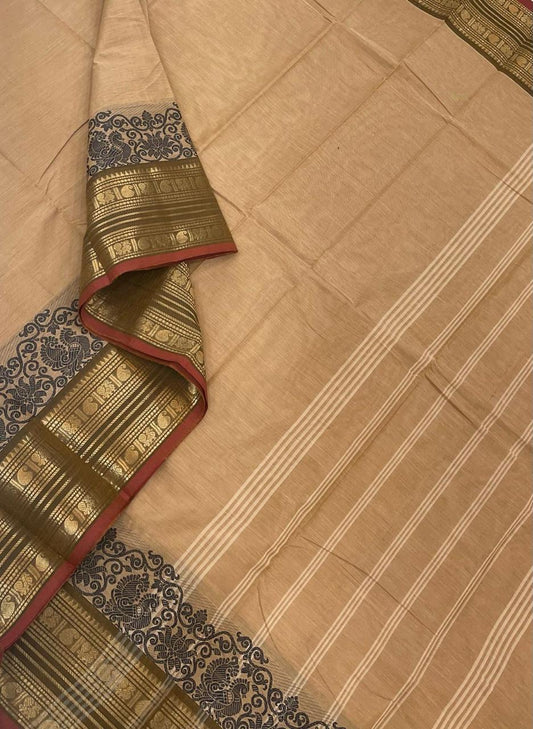 Kanchi soft cotton | beige x brick| peacock thread border
