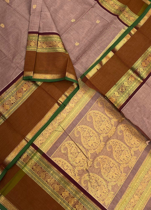 Pastel kanchi soft cotton | pastel pink X mustard X rich zari border X pallu
