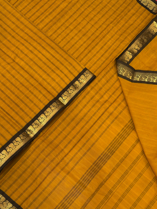 Kanchi soft cotton | Zari tiny border | Manjal x brown