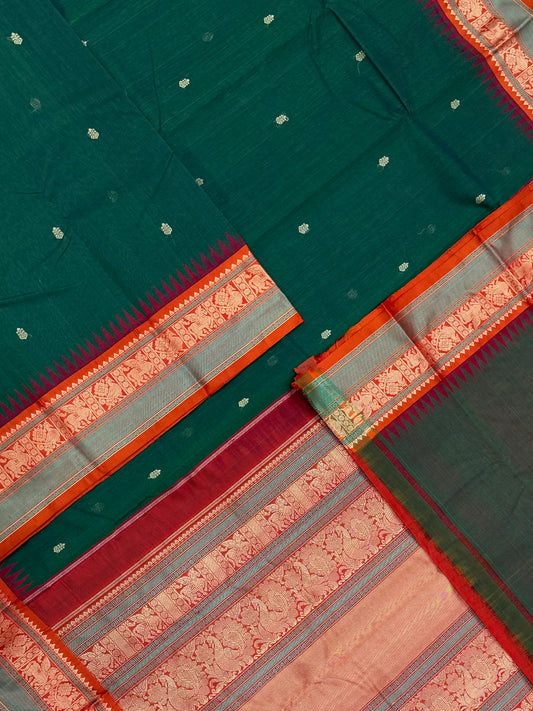 Pure Handloom Kanchi rich Cotton Saree | cotton body X silk border | bottle green x orange | NKV12