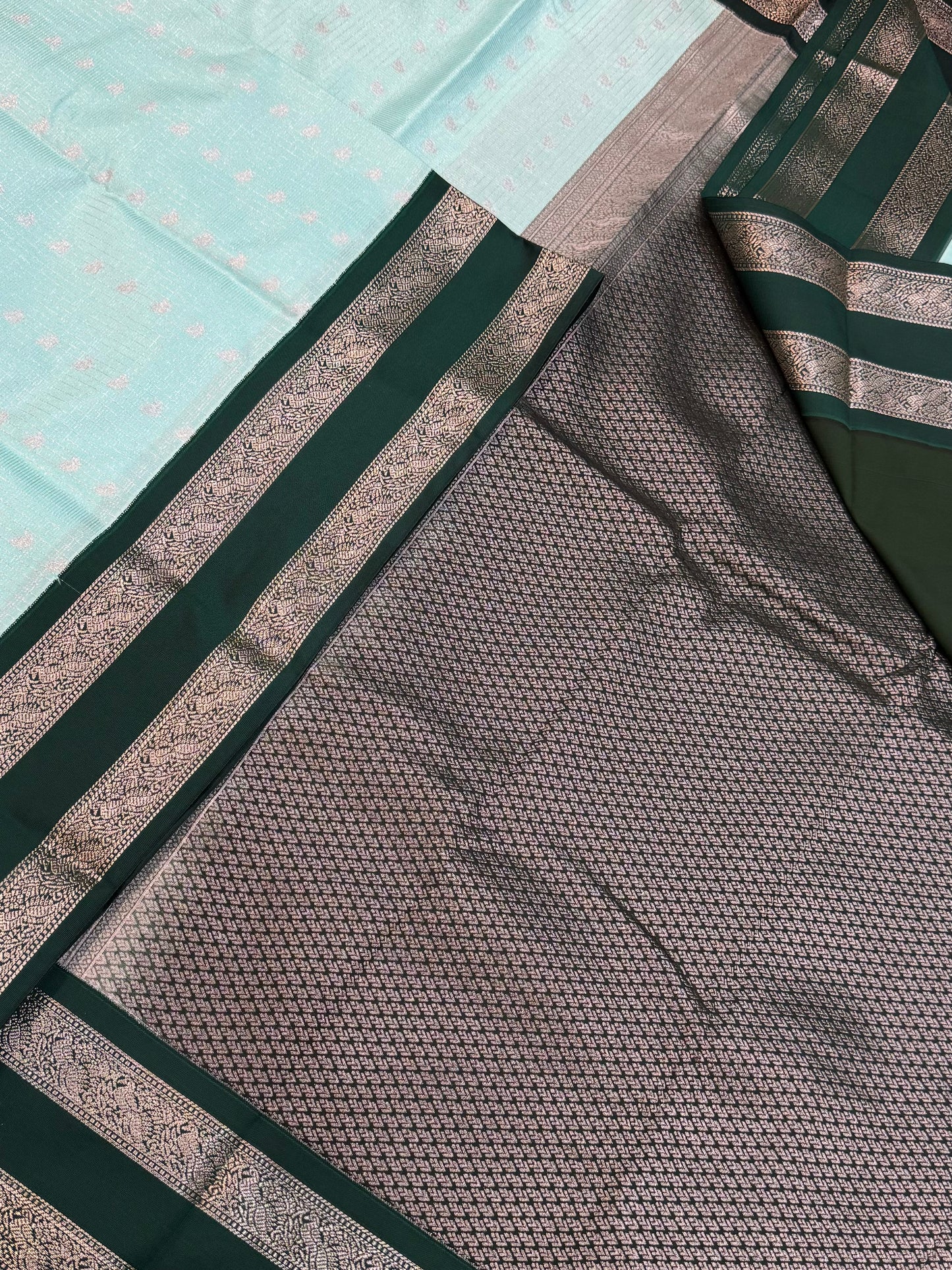 Vegan Silk Sarees Online | tiny motif X rettaipet | teal blue X bottle green