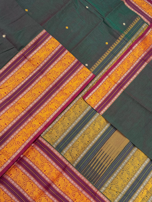 Pure Handloom Kanchi rich Cotton Saree | Twotone green x marron | intericate weave yaanai border