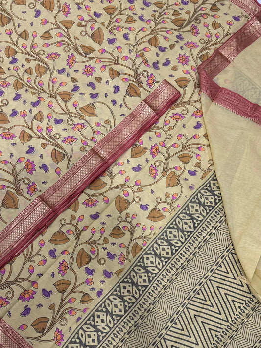 Kadhi soft Cotton | pastel yellow x brick | nizam thread border X tulips prints