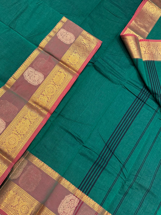 Kanchi soft cotton | green x brick | thread X Zari border
