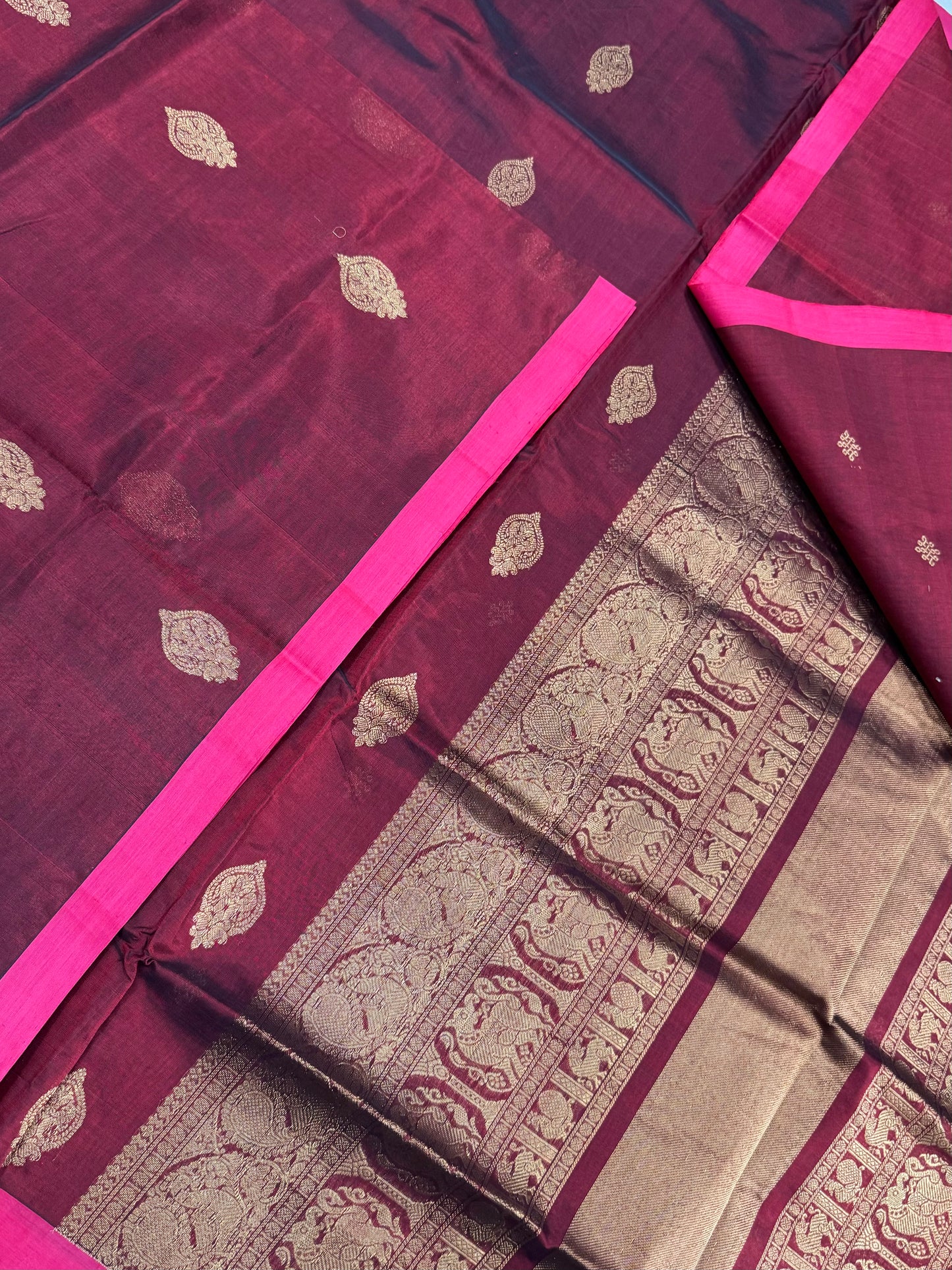 Kanchi Silk Cotton Sarees | tiny border X zari pallu X motif blouse| marron X pink