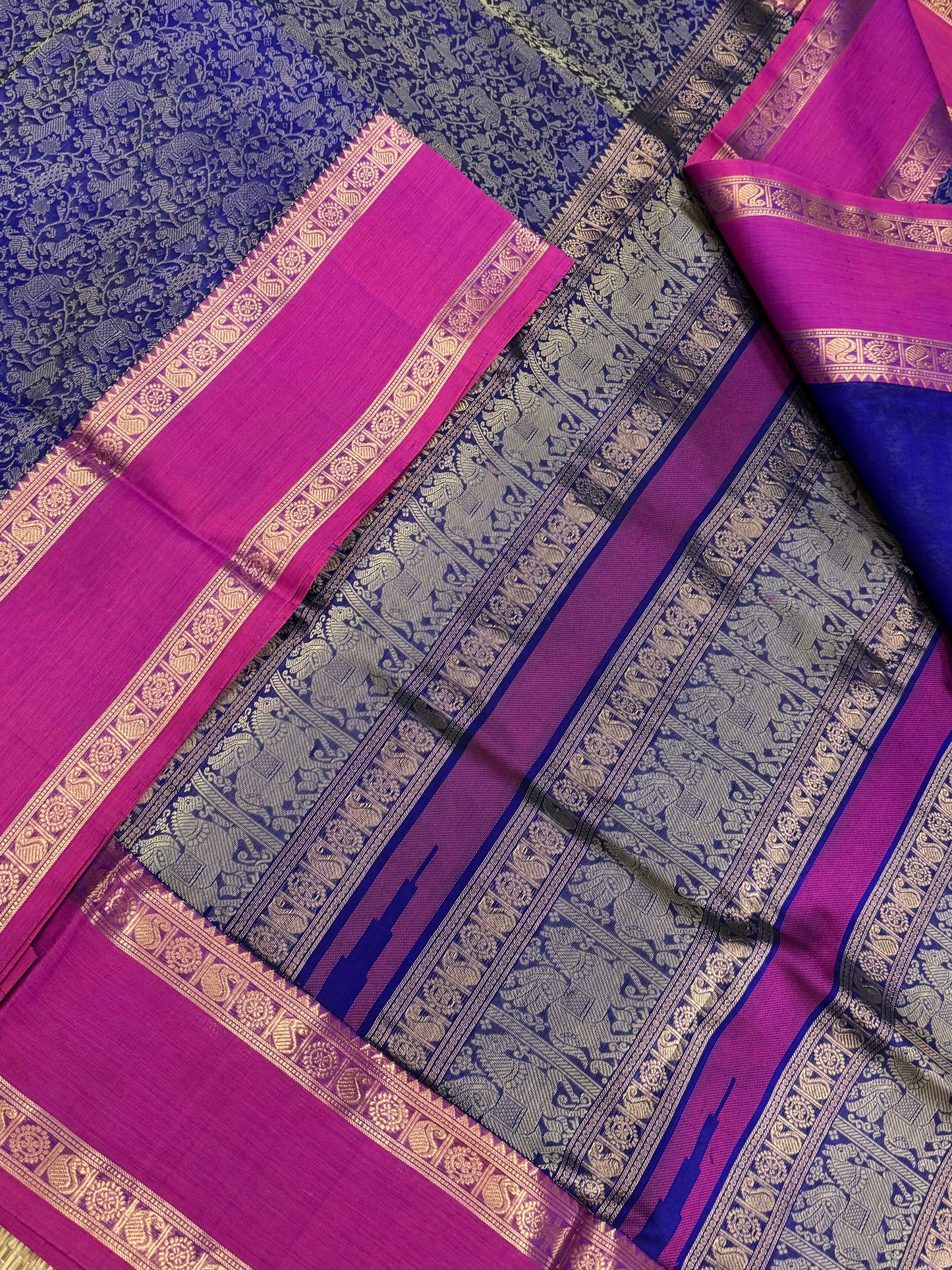 Kanchi Silk Cotton Sarees | rettaipet border X minimal Zari pallu X vanasingaram | royal blue x pink