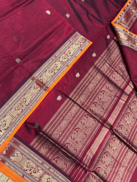 Kanchi Silk Cotton Sarees | tiny zari border X zari pallu | marron X 🧡 orange