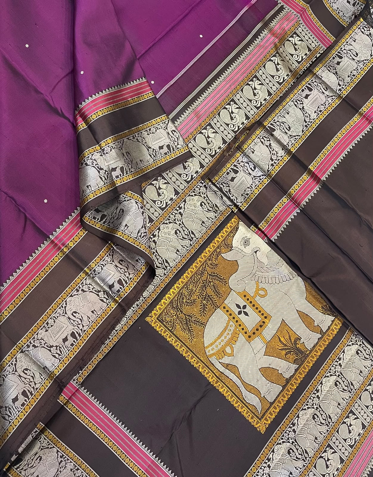 Kanchipuram Silk Sarees | zero zari | Rishaba kunjaram| burgundy X brown  | Handwoven luxury x 4 ply master weave | NKV35