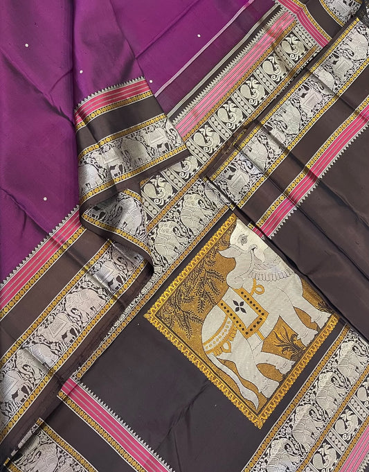 Kanchipuram Silk Sarees | zero zari | Rishaba kunjaram| burgundy X brown  | Handwoven luxury x 4 ply master weave | NKV35