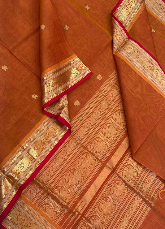 Kanchi Silk Cotton Sarees | tiny zari border X zari pallu | orange 🧡 x red
